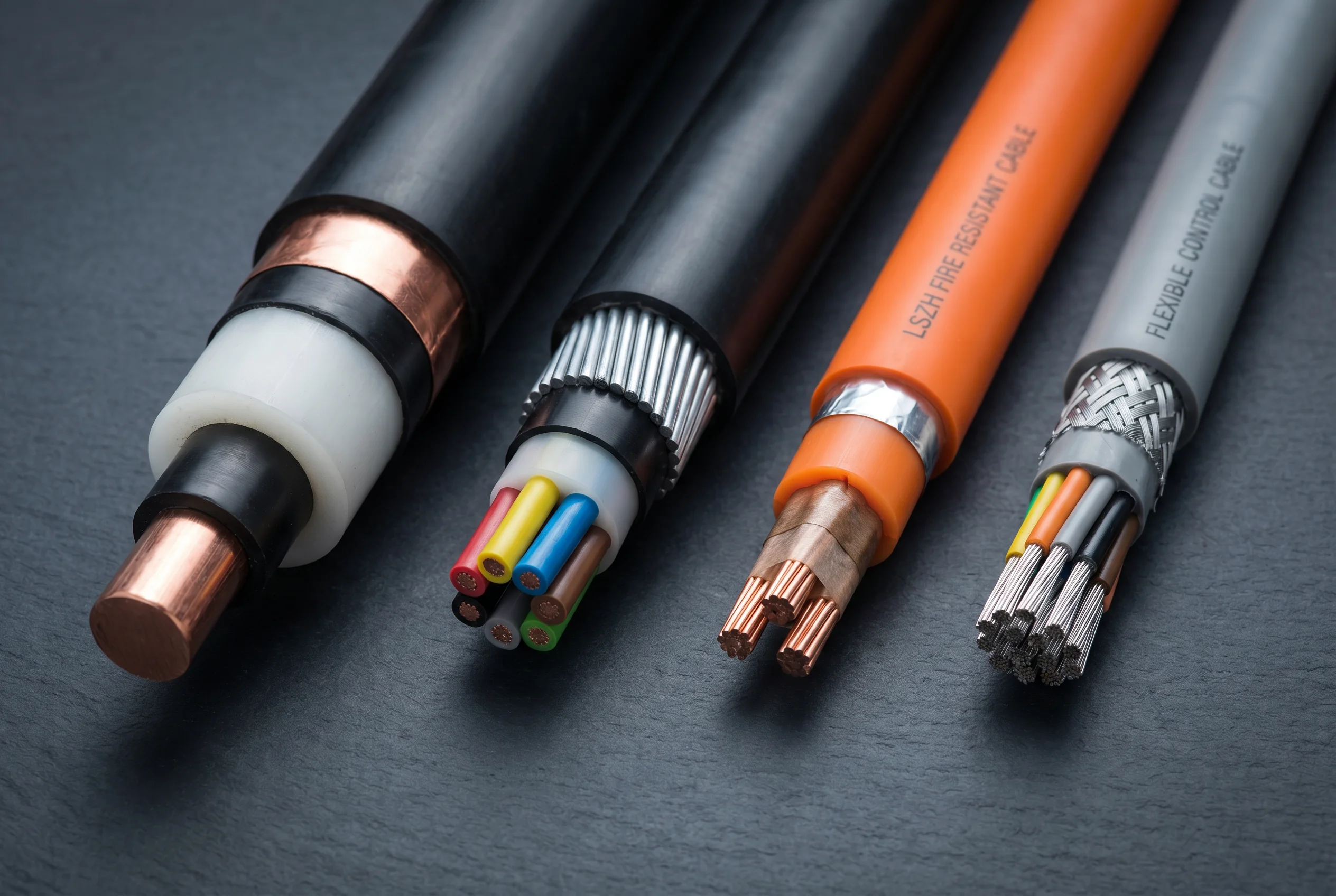 Power cable cross-sections showing different construction types