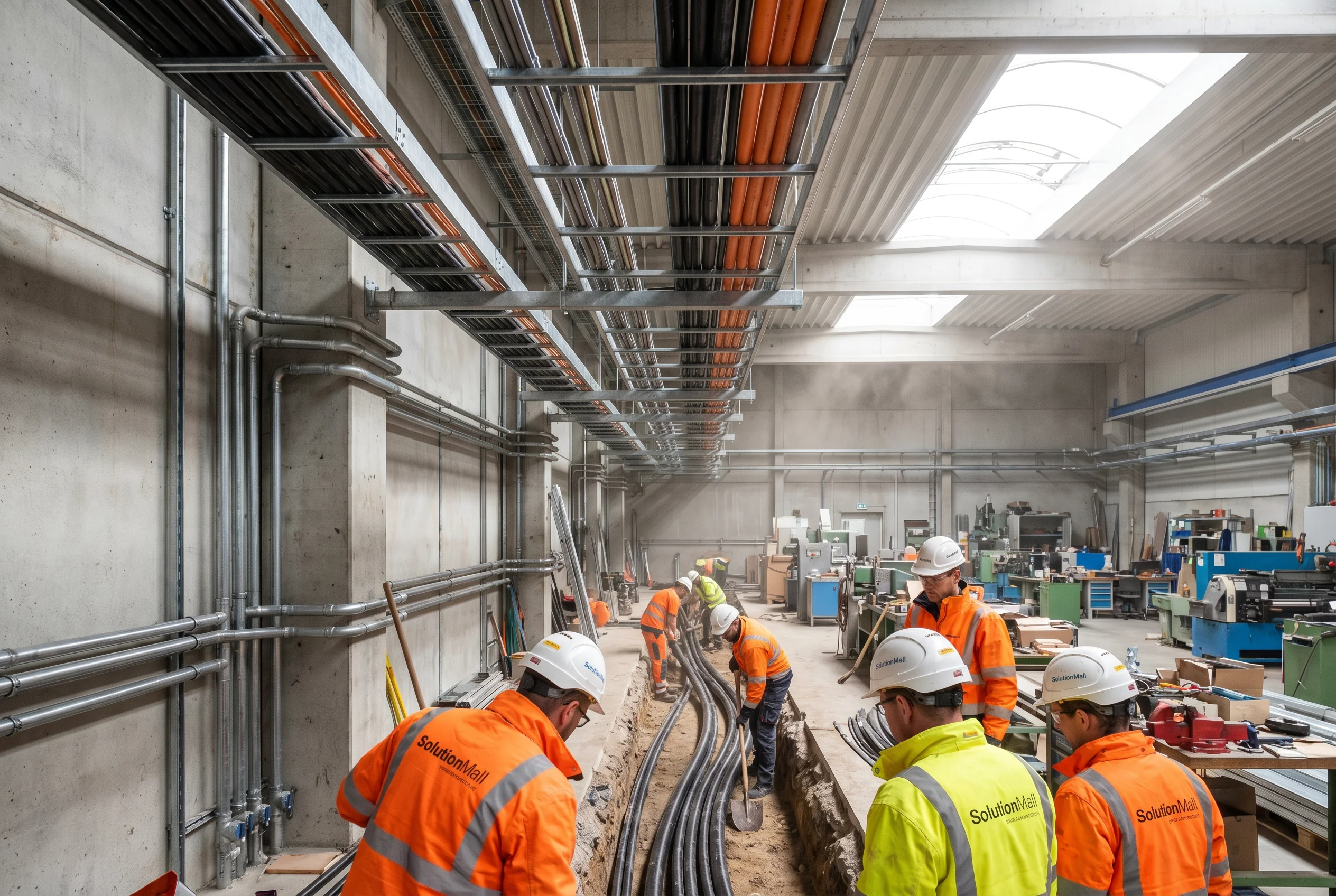 Cable installation showing multiple methods in an industrial facility